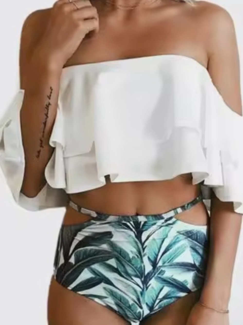 White Off-Shoulder Ruffle swim top & high waited bottoms